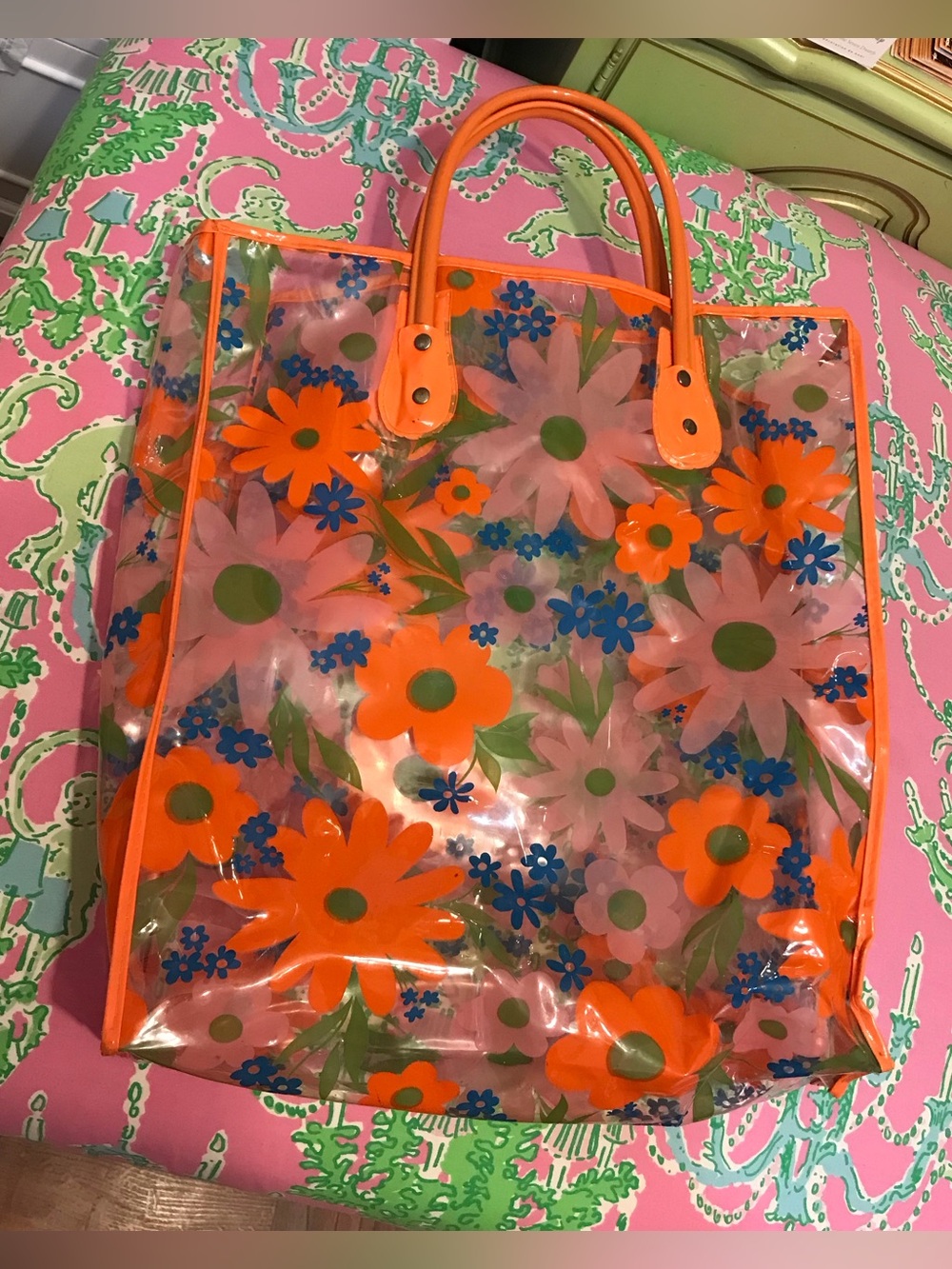 Vintage 1960s 1970s orange Floral Vinyl Plastic Waterproof Shopping Tote Bag